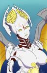 armor big_breasts breasts female nipples not_furry simple_background solo wings yellow_eyes risunkisanyny doom_(series) doom_eternal id_software microsoft khan_maykr alien alien_humanoid angel humanoid maykr 2020 absurd_res hi_res