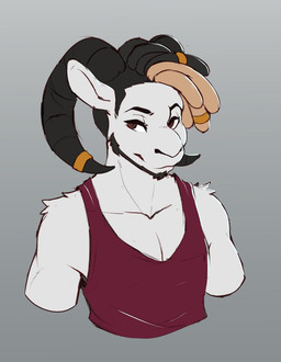 anthro beard black_hair brown_eyes clothing collarbone dreadlocks facial_hair fur hair horn male multicolored_hair muscular muscular_anthro muscular_male shirt simple_background solo tan_hair tank_top topwear two_tone_hair white_body white_fur inu-sama bovid caprine mammal 2019 absurd_res digital_media_(artwork) half-length_portrait hi_res portrait