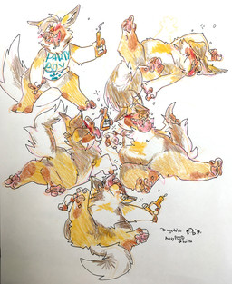 anthro drunk male open_mouth open_smile smile solo substance_intoxication 2n2n canid canine canis domestic_dog german_shepherd herding_dog mammal pastoral_dog colored_pencil_(artwork) hi_res sketch_page traditional_media_(artwork)