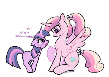 blush bodily_fluids female heart_eyes heart_symbol horn ribbons simple_background smile sweat wings yelling young petaltwinkle friendship_is_magic hasbro my_little_pony mythology princess_cadance_(mlp) twilight_sparkle_(mlp) equid equine mammal mythological_creature mythological_equine unicorn winged_unicorn hi_res