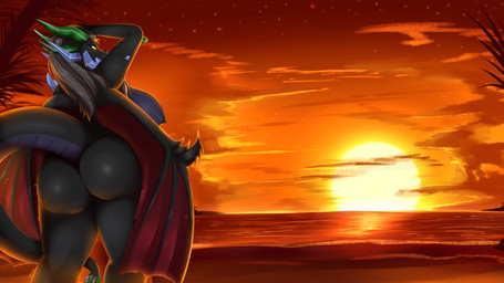 anthro beach big_breasts big_butt breasts butt curvy_figure female hair horn nipples non-mammal_breasts non-mammal_nipples outside rear_view seaside solo standing sunset tail thick_thighs voluptuous wings harnny mythology dragon mythological_creature mythological_scalie scalie 16:9 hi_res widescreen