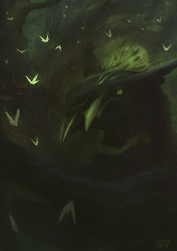 ambiguous_gender black_body black_fur detailed_background feral fungus fur glowing green_eyes group mushroom outside plant solo_focus text tree year dschunai arthropod butterfly insect lepidopteran unknown_species 2019 artist_name dated digital_media_(artwork) digital_painting_(artwork) green_theme painting_(artwork) shaded
