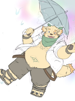 anthro belly clothed clothing footwear fur hoodie jacket looking_at_viewer male open_clothing open_jacket open_topwear overweight overweight_male pawpads raining sandals scarf shoes smile solo tattoo topwear umbrella wristband yellow_body yellow_fur ashi4423 lifewonders tokyo_afterschool_summoners cu_sith_(tas) bird_dog canid canine canis domestic_dog golden_retriever hunting_dog mammal retriever hi_res