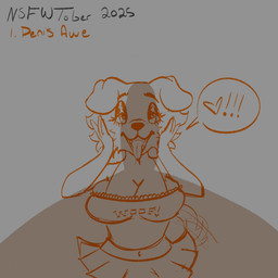 ambiguous_gender anthro big_breasts bottomwear breasts clothing crop_top duo erection excited excited_for_sex female genitals hand_on_face heart_symbol imminent_sex looking_pleasured penis shadow shirt skirt speech_bubble tail tail_motion tailwag tongue tongue_out topwear potted_puppy nsfwtober nsfwtober_2025 canid canine canis domestic_dog mammal 1:1 hi_res