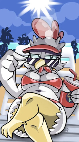 anthro beach being_watched big_breasts breasts chair clothing container cup eyewear feathers female furniture leg_over_thigh looking_at_another lounge_chair navel non-mammal_breasts non-mammal_navel panties red_clothing solo sun sunglasses sunglasses_down swimsuit_only thick_thighs tight_clothing underwear visor white_body white_feathers wide_hips puchipi kendal_lichen_(puchipi) avian bird chicken galliform leghorn_chicken phasianid 9:16