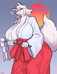 anthro asian_clothing big_breasts bottomwear breasts cleavage clothed clothing east_asian_clothing eyebrows eyewear female female_anthro fur fur_tuft glasses gohei grey_ears hakama heart_symbol holding_gohei holding_object huge_breasts japanese japanese_clothing kemono kimono mature_anthro mature_female miko_outfit nipple_outline red_bottomwear red_clothing red_eyebrows red_hakama shide smile solo tuft white_body white_fur wide_sleeves sususuigi yu-ko canid canine fox mammal digital_media_(artwork) hi_res shaded