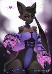 anthro big_ears bodysuit brown_body brown_fur brown_hair claws clothing collar crop_top female fluffy fur hair legwear purple_eyes ribbons shirt simple_background skinsuit spiked_collar spikes stockings thick_thighs tight_clothing topwear wings liloli_(artist) bat mammal hi_res