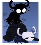 ambiguous_gender annoyed anthro arthropod big_butt black_body blue_background bottom_heavy butt cloak cloak_only clothing colored digital_drawing_(artwork) digital_media_(artwork) doggystyle duo from_behind_position genitals heart_symbol hi_res hollow_knight horn male male/male penis sex shade_(hollow_knight) shadow_creature shell simple_background stones team_cherry the_knight_(hollow_knight) thick_thighs throbbing throbbing_penis void_(hollow_knight) zlut385