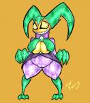 big_breasts breasts claws clothed clothing costume curvy_figure female gem jester jewelry legwear looking_at_viewer not_furry simple_background smile solo teeth thick_thighs toe_claws voluptuous wide_hips saliant nintendo pokemon generation_3_pokemon humanoid imp pokemon_(species) sableye shiny_pokemon 2015