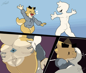anthro anus balls blue_anus bottomless butt butt_close-up butt_grab clothed clothing duo emanata eyebrows genitals hand_on_another's_butt hand_on_butt hoodie hoodie_only hug male male/male mood_whiplash questionable_consent reach_around sexual_assault smile smiling_at_another smiling_eyes spread_butt spreading thick_eyebrows topwear topwear_only yellow_body tybrowse tohte_(tybrowse) human kobold mammal scalie comic hi_res