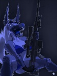 anthro bikini blue_eyes blue_tongue clothed clothing fangs female gun happy no_pupils open_mouth piercing ranged_weapon rifle sharp_teeth skimpy smile sniper solo spread_legs spreading swimwear tail teeth tight_clothing tongue two-piece_swimsuit weapon krinkels barrett cyera canid canine mammal 3:4 hi_res