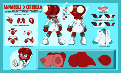 anthro areola big_brain big_breasts big_butt big_head black_sclera boots brain_growth breasts butt cleavage clitoris clothed clothing coat countershade_breasts countershade_face countershade_torso countershading cybernetic_eye cybernetics eyelashes eyeshadow eyewear female footwear genitals glasses gloves handwear huge_brain huge_head lab_coat lips machine makeup nipples red_body red_eyes sharp_teeth shoes simple_background smile solo teal_background teal_eyeshadow teal_lips teeth text topwear vulva white_boots white_clothing white_footwear white_gloves white_handwear white_lab_coat white_sclera zoner sega sonic_the_hedgehog_(series) annabelle_d._cerebella fan_character anthozoan aquatic brain_coral cnidarian coral 2022 5:3 absurd_res english_text hi_res model_sheet