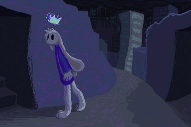 ambiguous_gender anthro blue_clothing blue_shirt blue_topwear city cityscape clothing crown detailed_background floating_crown floppy_ears headgear lop_ears shirt solid_oval_eyes solo topwear demensa lagomorph leporid mammal rabbit 2024 3:2 digital_media_(artwork) hi_res pixel_(artwork)