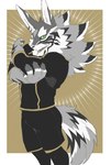 anthro ear_piercing fur green_eyes looking_at_viewer male multicolored_body multicolored_fur piercing solo sportswear stripes tail nokia1124_a lifewonders tokyo_afterschool_summoners seth_(tas) canid canine canis jackal mammal 2023 hi_res monochrome