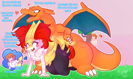 anthro blush body_swap butt_slap dialogue fangs female feral fluffy fluffy_chest group heart_symbol inner_ear_fluff male open_mouth slap spanking teeth text thick_thighs trio tuft korick17 nintendo pokemon braixen charizard generation_1_pokemon generation_6_pokemon human mammal pokemon_(species) comic english_text hi_res