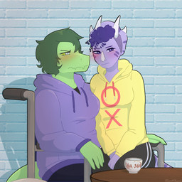 annoyed anthro anthro_on_anthro biped black_bottomwear black_clothing black_pants blush bottomwear breasts clothed clothed_anthro clothed_female clothing coffee_mug disability duo eyes_mostly_closed facial_horn fanfiction female female/female fingers freckles frown furniture green_body green_hair grey_eyes hair half-closed_eyes hoodie horn humanoid_hands interspecies markings medium_breasts medium_hair narrowed_eyes non-mammal_breasts pants paraplegic purple_body purple_clothing purple_eyes purple_hair purple_hoodie purple_topwear shadow short_hair sitting spots spotted_markings table text topwear vehicle wheelchair yellow_clothing yellow_hoodie yellow_sclera yellow_topwear scaredofbunnies cavemanon_studios goodbye_volcano_high i_wani_hug_that_gator ko_op_(game_developer) olivia_halford trish_(gvh) baryonyx ceratopsian ceratopsid chasmosaurine dinosaur marginocephalian ornithischian prehistoric_species reptile saurischian scalie spinosaurid theropod triceratops 2025 artist_name colored hi_res shaded