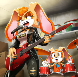 anthro belt black_bottomwear black_clothing black_jacket black_lips black_lipstick black_pants black_topwear bottomwear breasts brown_hair clothing colored_nails drum drum_set drumstick_(musical) duo ears_down electric_guitar electronics eyelashes eyeshadow female gloves guitar guitar_pick hair half-closed_eyes handwear holding_guitar holding_musical_instrument holding_object inside jacket leather leather_bottomwear leather_clothing leather_jacket leather_pants leather_topwear lips lipstick makeup medium_breasts microphone musical_instrument nails narrowed_eyes pants percussion_instrument pivoted_ears plucked_string_instrument ring shirt spikes string_instrument topwear torn_bottomwear torn_clothing torn_pants white_clothing white_shirt white_topwear cody_baier sega sonic_the_hedgehog_(series) cream_the_rabbit vanilla_the_rabbit lagomorph leporid mammal rabbit hi_res daughter_(lore) mother_(lore) mother_and_child_(lore) mother_and_daughter_(lore) parent_(lore) parent_and_child_(lore) parent_and_daughter_(lore)
