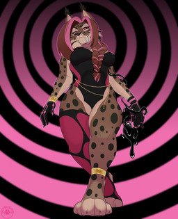 abstract_background anthro big_breasts black_latex breasts brown_body brown_fur brown_hair clothed clothed_anthro clothed_female clothing fangs female fur gloves hair handwear hypnotizing_viewer latex latex_manipulation legwear liquid_latex looking_at_viewer markings multicolored_body multicolored_clothing multicolored_fur multicolored_hair multicolored_legwear multicolored_thigh_highs pink_eyes pink_hair sabertooth_(anatomy) solo spiral_background spots spotted_body spotted_fur teeth thigh_highs two_tone_body two_tone_clothing two_tone_fur two_tone_hair two_tone_legwear two_tone_thigh_highs carifoxleopard zaide_(ashkelling) felid feline lynx mammal 2026 hi_res