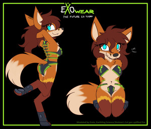 anthro armor big_breasts black_background black_clothing blue_eyes border breasts brown_hair butt clothed clothing dialogue digitigrade female footwear front_view fur furgonomic_footwear furgonomics futuristic futuristic_armor green_border green_highlights hair hand_in_hair head_tilt highlights_(coloring) kneeling logo long_ears long_hair long_tail looking_at_viewer looking_back mostly_nude multiple_poses neon_lights orange_body orange_fur pose raised_leg rear_view simple_background skimpy smile solo tail text touching_hair unconvincing_armor wide_hips w0lfmare canid canine fox mammal absurd_res character_request english_text hi_res