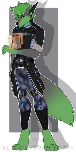 5_fingers anthro biped black_nose bottomwear clothed clothing digitigrade dipstick_tail fingers fully_clothed fur gloves_(marking) green_body green_fur green_hair grey_body grey_fur hair hologram male markings multicolored_tail pants rolled_up_sleeves short_hair simple_background solo standing tail tail_markings technology dtalvi canid canine mammal full-length_portrait hi_res portrait