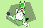 anthro belly belly_tuft big_belly bomb chest_tuft collar cute_fangs dipstick_ears dipstick_tail ear_markings explosives fangs feet fur green_body green_fur green_hair hair kick long_ears male markings multicolored_body multicolored_ears multicolored_fur one_eye_closed open_mouth pattern_background pawpads paws semi-anthro simple_background soles solo tail tail_markings teeth tuft tufted_fur white_body white_fur wink birbcaw bomberman hudson_soft konami pixl_(pixlouie) louie_(bomberman) mammal marsupial 2022 digital_media_(artwork) hi_res signature