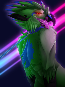 ambiguous_gender anthro collar feathers green_body green_feathers leash leash_pull leashed_collar red_sclera sharp_teeth solo suggestive_pose teeth tomboy 6-ft-demon avian bird hybrid 3:4 hi_res