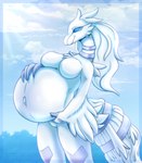 anthro belly big_belly breasts featureless_breasts female navel pregnant pregnant_anthro pregnant_female solo freddymartin mythology nintendo pokemon dragon generation_5_pokemon legendary_pokemon mythological_creature mythological_scalie pokemon_(species) reshiram scalie blue_and_white digital_media_(artwork) hi_res monochrome