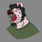 anthro beard black_beard black_eyebrows black_facial_hair black_hair clothing eyebrows facial_hair green_clothing green_shirt green_topwear grey_background grey_nose hair male open_mouth red_eyes red_tongue shirt simple_background solo tan_ears teeth tn_fur tongue topwear trash_bear bear mammal 2023 bust_portrait digital_media_(artwork) portrait