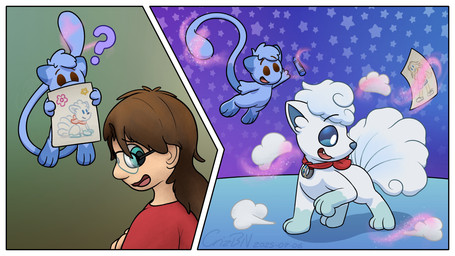 2_panel_comic after_transformation air_puff ambiguous_gender blue_body blue_eyes blue_hair blue_sclera brown_hair clothing drawing_(object) duo eyewear feral floating glasses growth hair human_to_feral long_hair looking_at_another looking_at_self looking_back magic open_mouth paws permanent_transformation pointy_ears question_mark raised_paw red_clothing red_shirt red_topwear shirt simple_background species_transformation tail tail_growth topwear transformation transformation_through_magic wearing_glasses white_body white_hair crizbn nintendo pokemon alolan_form alolan_vulpix generation_1_pokemon generation_7_pokemon human legendary_pokemon mammal mew_(pokemon) pokemon_(species) regional_form_(pokemon) shiny_pokemon vulpix 16:9 2025 comic digital_media_(artwork) hi_res signature widescreen male_(lore)