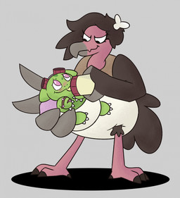 3_fingers 3_toes 4_toes ambiguous_gender anthro baby_bottle beak big_diaper blush bottle brown_body brown_feathers brown_talons carrying_another claws clean_diaper clothed clothing container diaper diaper_only drinking duo ears_down eye_contact eyelashes eyewear eyewear_on_head feather_hair feathers feet feral finger_claws fingers goggles goggles_on_head green_body green_spots grey_background grey_beak grey_body grey_feathers holding_bottle holding_container holding_object looking_at_another looking_down looking_down_at_partner looking_up looking_up_at_another looking_up_at_partner markings multicolored_body narrowed_eyes pink_body pivoted_ears pseudo_hair simple_background spots spotted_body standing talons toe_claws toes topless wearing_diaper white_claws white_finger_claws white_toe_claws mrvonfuzzlebutt nintendo pokemon carrie_(screweverything) fan_character shochu_(gao) bulbasaur generation_1_pokemon generation_5_pokemon mandibuzz pokemon_(species) hi_res