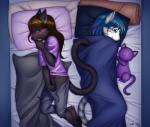 anthro bed black_body black_fur blue_eyes blue_hair blush bottomwear bottomwear_down brown_hair clothed clothing duo female fingering fingering_self fur furniture grey_body grey_fur hair masturbation pants pants_down partially_clothed pillow stealth_masturbation vaginal vaginal_fingering vaginal_masturbation yellow_eyes young young_anthro devoid-kiss domestic_cat felid feline felis mammal