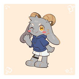 3_toes 5_fingers anthro blue_clothing blue_hoodie blue_topwear blush border bottomwear clothed clothing curved_horn feet fingers fur garter_belt garter_straps gesture grey_body grey_fur hair hammer hoodie horn jacket long_ears looking_at_viewer male one_eye_closed simple_background smile smiling_at_viewer solo star toes tools topwear waving waving_at_viewer white_border white_bottomwear white_clothing yellow_eyes young young_anthro young_male nullma bolgogi bovid caprine goat mammal 1:1 absurd_res digital_media_(artwork) hi_res