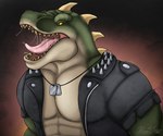 abs anthro black_clothing black_jacket black_topwear bodily_fluids clothed clothing dog_tags green_body jacket jewelry leather leather_clothing leather_jacket leather_topwear male muscular muscular_anthro muscular_male neck_spikes necklace open_clothing open_jacket open_mouth open_topwear pecs pupils saliva saliva_string slit_pupils solo spiked_jacket topwear yellow_eyes rimentus rocco_(tallion) dinosaur prehistoric_species reptile scalie theropod tyrannosaurid tyrannosauroid tyrannosaurus tyrannosaurus_rex 2024 bust_portrait portrait signature