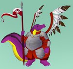 anthro armor feathers green_eyes lance male melee_weapon polearm polish_flag pose purple_body purple_scales purple_skin scales shoulder_guards simple_background solo tail thick_tail weapon winged_hussar yellow_body yellow_scales yellow_skin cruxable octariax alligator alligatorid crocodilian reptile scalie absurd_res hi_res