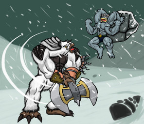 4_arms abs axe battle boulder claws duo ear_piercing fur male melee_weapon multi_arm multi_limb muscular outside piercing rock snow weapon white_body white_fur h_box bandai_namco digimon nintendo pokemon digimon_(species) generation_1_pokemon humanoid korikakumon machamp pokemon_(species) crossover