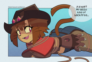 4_fingers accident anthro big_butt bodily_fluids bound breast_squish breasts brown_eyebrows brown_hair brown_tail butt chaps clothing cowboy_hat curvy_figure cute_fangs eyebrow_through_hair eyebrows fangs female female_anthro fingers hair hat headgear headwear hourglass_figure nervous ryona solo squish sweat tail teeth thick_thighs translucent translucent_hair galaxy_cowboy gameoverse glitch_productions kit_bodega domestic_cat felid feline felis mammal 2026 hi_res