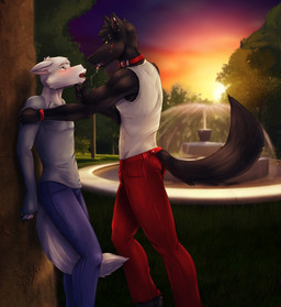 after_kiss anthro biceps black_body black_fur blue_eyes blush bodily_fluids bottomwear bracelet clothed clothing collar detailed_background duo ear_piercing eye_contact eyebrow_piercing facial_piercing facial_scar fountain fur hair hand_on_chin jewelry kissing lip_piercing looking_at_another male male/male muscular muscular_anthro muscular_male open_mouth outside pants park piercing raised_tail saliva scar shirt sunset tail tail_between_legs tank_top teeth tongue tongue_out topwear torn_clothing white_body white_fur yellow_eyes howlfeiwolf canid canine canis mammal wolf absurd_res digital_media_(artwork) hi_res redraw story story_at_source story_in_description