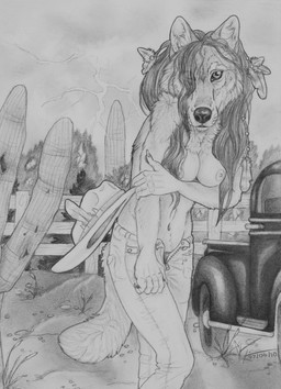 anthro areola breasts cactus car claws clothing coy desert electricity feathers female fur hair hat headgear headwear lightning long_hair looking_at_viewer navel nipples outside plant solo storm vehicle whiskers jacq canid canine canis coyote mammal 2010 monochrome source_request