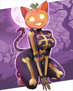 anthro big_breasts bodysuit breasts clothing collarbone eyebrows female food for_a_head fruit glistening glistening_bodysuit glistening_clothing glistening_skinsuit glowing glowing_eyes kneeling moon plant pumpkin pumpkin_head skinsuit solo thick_thighs tight_clothing wide_hips silvermaster epic_games fortnite spice_(fortnite) domestic_cat felid feline felis mammal object_head 2025 absurd_res hi_res letterbox