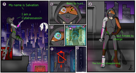 5_fingers amber_eyes ambiguous_gender anthro battery battery_life clothing crosshair_eyes cybernetic_arm cybernetic_foot cybernetic_leg cybernetic_limb cyberpunk detailed_background feet fingers fur grey_clothing gun hair hexagon_background hexagonal_grid hindpaw holding_object hood humor jumpsuit leg_markings leg_pouch long_snout low_battery markings mask multicolored_body multicolored_fur neon_lights neon_sign on_hind_legs paws purple_hair raining ranged_weapon redacted_text rifle sigh sign sitting snout solo text visual_humor weapon wrapped_tail zk-fur salvation_(zk-fur) canid canine mammal absurd_res comic hi_res shaded