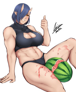 abs big_breasts blue_hair breasts cleavage_cutout clothing cutout female food food_fetish food_play fruit gesture hair hand_gesture horn humanoid_pointy_ears melon muscular muscular_female muscular_humanoid navel not_furry panties plant pointy_ears shirt simple_background solo tank_top thumbs_up topwear underwear watermelon watermelon_crushing white_background yellow_eyes airisubaka asian_mythology east_asian_mythology japanese_mythology mythology plus-sized_elf oga_(plus-sized_elf) demon demon_humanoid horned_humanoid humanoid oni yokai 2018 hi_res