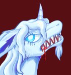 ambiguous_gender blood blood_in_mouth bodily_fluids eyelashes feral horn long_eyelashes looking_aside mane sharp_teeth side_view teeth teochronico mythology paradise_(foulserpent) equid equine mammal mythological_creature mythological_equine unicorn hi_res male_(lore)