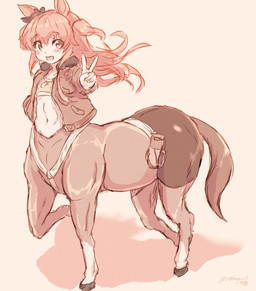 animal_ears clothed clothed_female clothed_taur clothing crop_top female gesture hand_gesture hooves jacket light_body light_skin midriff navel shirt solo tail taur_clothing taurified topwear v_sign oohagari cygames european_mythology greek_mythology mythology uma_musume_pretty_derby mayano_top_gun_(pretty_derby) centaur equid equid_taur humanoid_taur mammal mammal_taur taur full-length_portrait hi_res portrait