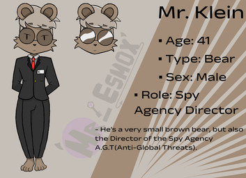 anthro brown_body brown_fur clothed clothing dress eyewear fur glasses male solo suit_jacket text mr_esmox mr._klein_(mr_esmox) bear mammal 2025 digital_media_(artwork) english_text model_sheet