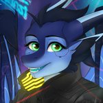 anthro blue_hair cheek_spikes cheek_tuft clothing eyebrows eyelashes facial_spikes facial_tuft fangs female gem gradient_background green_eyes hair happy horn jacket lights multi_horn simple_background smile snout solo spikes spikes_(anatomy) star teeth tongue topwear tuft wings bellfa cd_projekt_red cyberpunk_2077 european_mythology mythology baythyl dragon mythological_creature mythological_scalie scalie western_dragon 1:1 absurd_res hi_res signature