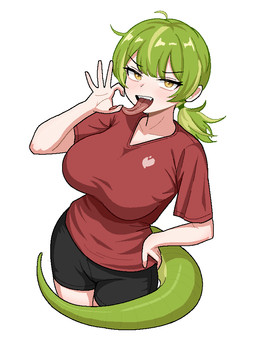 ahoge big_breasts black_bottomwear black_clothing black_shorts blush blush_lines bottomwear breasts clothing fangs fellatio_gesture female gesture glistening glistening_tail green_hair green_tail hair hand_on_hip high-angle_view long_tongue looking_at_viewer open_mouth open_smile ponytail red_clothing red_shirt red_topwear shirt short_hair shorts simple_background smile smiling_at_viewer solo suggestive suggestive_gesture tail teeth tongue tongue_out topwear white_background yellow_eyes cockati arknights arknights_endfield hypergryph studio_montagne fluorite_(arknights) animal_humanoid humanoid reptile reptile_humanoid scalie scalie_humanoid snake_humanoid 2026 aliasing digital_media_(artwork)