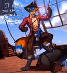 anthro clothed clothing genitals knot male partially_clothed pirate pose rope sexy_eyes ship smile smirk smug solo text vehicle watercraft miramint foxxo_bluren canid canine fox mammal absurd_res hi_res pinup