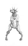 anthro antlers arm_tuft bottomless clothed clothing eyes_closed forearm_tuft forearms hooves horn leg_tuft male neck_tuft oversized_clothing oversized_shirt oversized_topwear pulling_shirt_down shirt smile solo thigh_tuft topwear tuft momamo mo_(momamo) cervine deer elk mammal 2025 5:8 absurd_res black_and_white hi_res monochrome sketch traditional_media_(artwork)