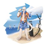 abs anthro arrow_(weapon) beach belt blue_bottomwear blue_clothing blue_scarf bottomwear bow_(weapon) claws clothed clothing eyewear fangs gesture male muscular muscular_anthro muscular_male open_clothing pecs ranged_weapon red_eyes scales scarf seaside shirt shorts sky solo sunglasses swimming_trunks swimwear tail teeth topwear weapon white_body white_scales white_tail wristband aant arknights hypergryph studio_montagne rangers_(arknights) lizard reptile scalie 1:1 absurd_res hi_res