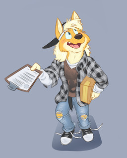 1990s_theme anthro backwards_baseball_cap backwards_hat baseball_cap black_baseball_cap black_clothing black_footwear black_shoes black_sneakers blonde_hair blue_bottomwear blue_clothing blue_eyes blue_jeans blue_pants blush bottomwear box brown_clothing brown_nose brown_topwear brown_vest clipboard clothing container denim denim_bottomwear denim_clothing flannel_shirt footwear grey_background hair hat headgear headwear holding_box holding_clipboard holding_container holding_object jeans long_hair long_sleeve_shirt male open_mouth pants pattern_clothing pattern_shirt pattern_topwear plaid plaid_clothing plaid_flannel_shirt plaid_shirt plaid_topwear print_clothing print_topwear print_vest sharp_teeth shirt shoelaces shoelaces_untied shoes simple_background sneakers solo t-shirt teeth teeth_showing tongue_showing topwear torn_bottomwear torn_clothing torn_jeans torn_pants vest white_clothing white_footwear white_long_sleeve_shirt white_seam_baseball_cap white_shirt white_shoelaces white_shoes white_sneakers white_t-shirt white_topwear vir-no-vigoratus avery_(vir-no-vigoratus) canid canine canis domestic_dog herding_dog mammal pastoral_dog welsh_corgi
